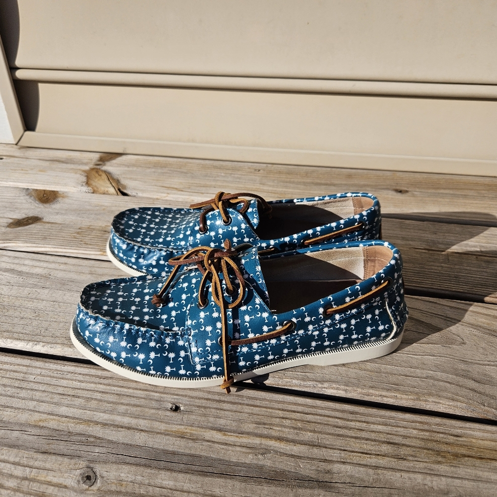 Blue South Carolina Patterned Boat Shoes with Brown Laces, Froats Size 9.5